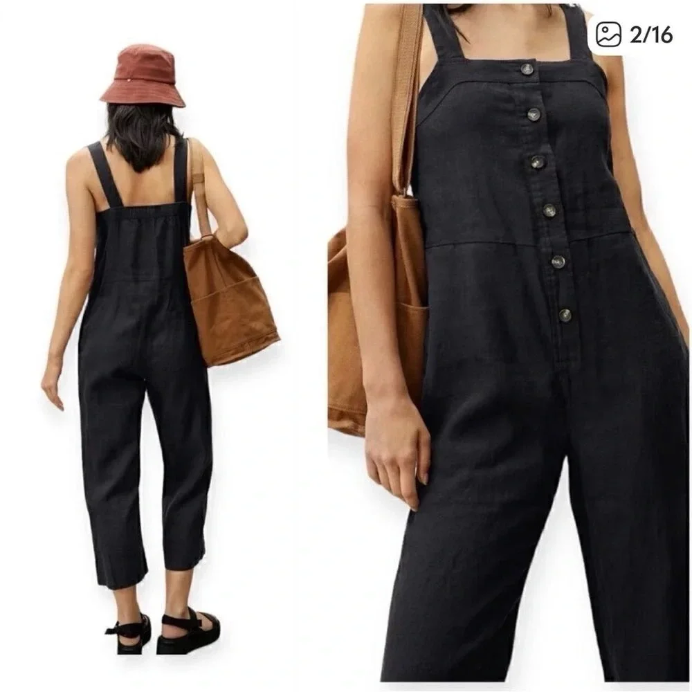 Everlane Black Linen Picnic Jumpsuit Button Front Cropped Wide Leg Size 6